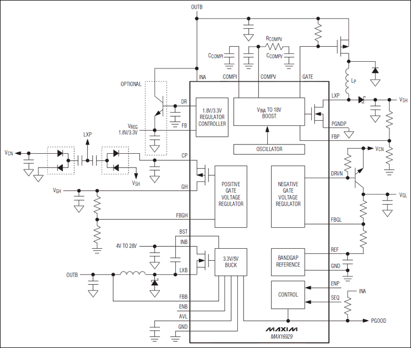 关键特性 工作电压范围为4V至28V(降压)或3V至5.5V(升压) 独立28V输入降压转换器的权力TFT偏压电源电路和外部电路 高功率(高达6W)升压输出提供高达18V 1.8V或3.3V稳压器提供与外部NPN晶体管500毫安 一个积极的栅电压调节器能够在交付20毫安28V 一个负栅电压调节器 高频率工作 2.